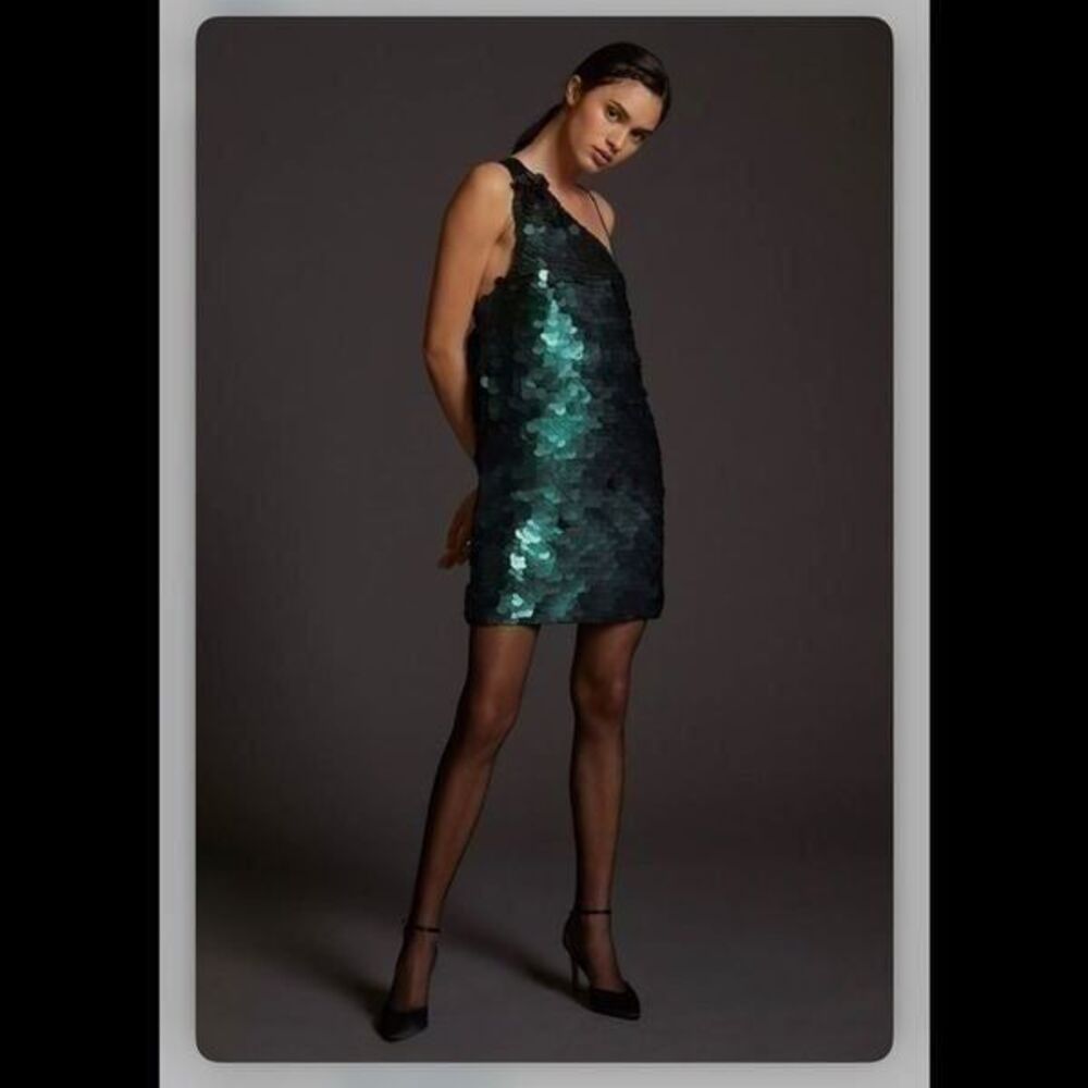 Anthropologie Maeve Sequined One-Shoulder Mini Dress Small